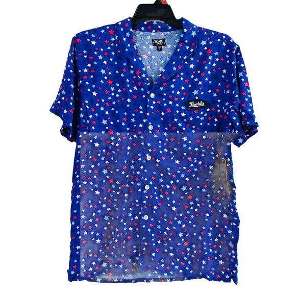 Mens 2XL Patriotic Shirt Button Down W/ Florida Patch Red White Blue Stars - Picture 1 of 8